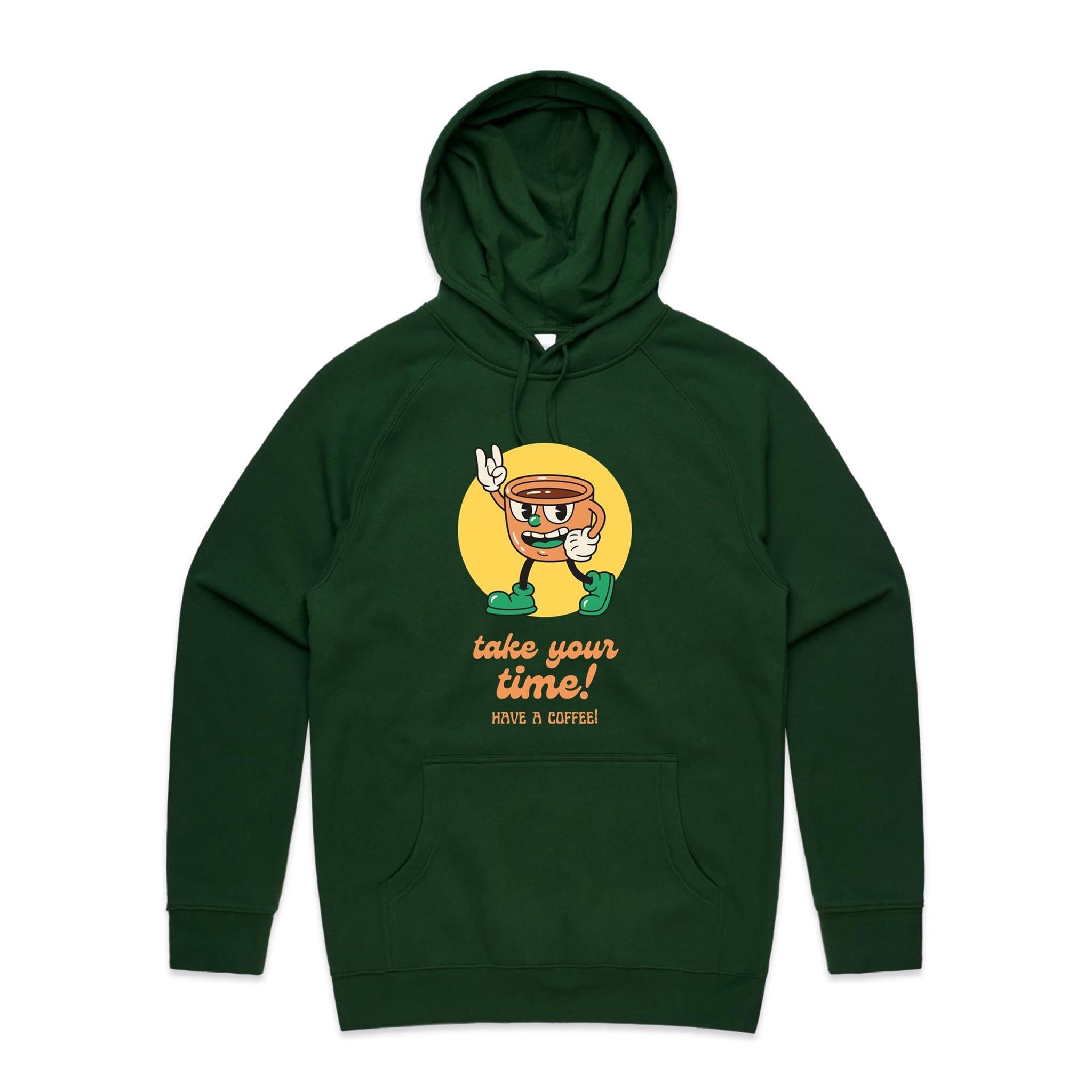 Take Your Time, Have A Coffee Men's AS Colour Hoodie Forest Green Mens Hoodie Coffee Printed In Australia Retro