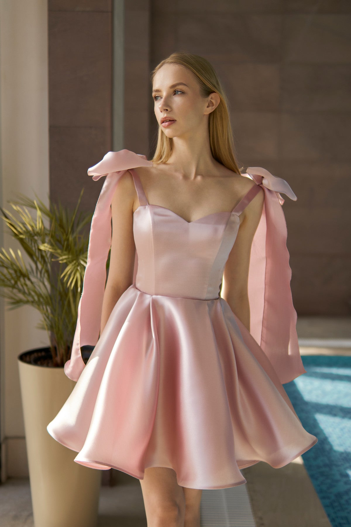 Pink Tie-straps Mini Organza Party Dress Raida