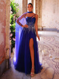 Glamrae Women's Elegant Sapphire Blue Gradient Sequins Embroidery Mesh  One-Shoulder Dinner Dress,Stand-Up Tie Floating Sleeves Asymmetrical Formal  Gown