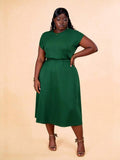 CurvyTilda Dark Green Plus Size A-Line Dress Wedding Guest Party Semi Formal Elastic High Waist Round Neck Batwing Sleeve Flared Hem Solid C,3XL