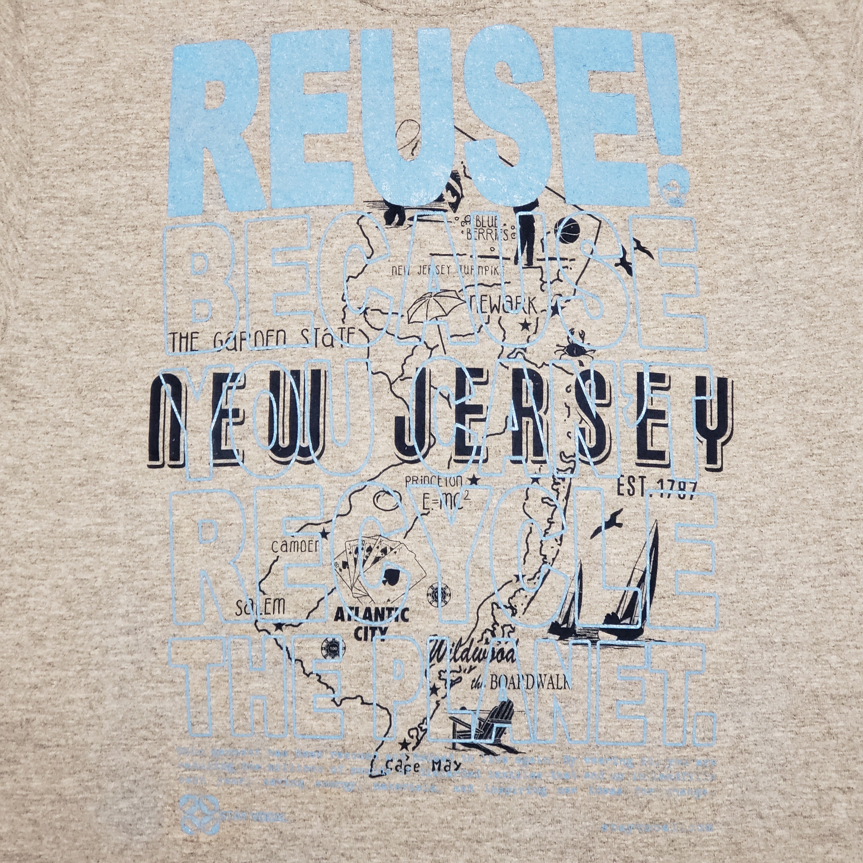 Eco friendly upcycled gray New Jersey map T-Shirt that says Reuse Because You Can't Recycle The Planet.