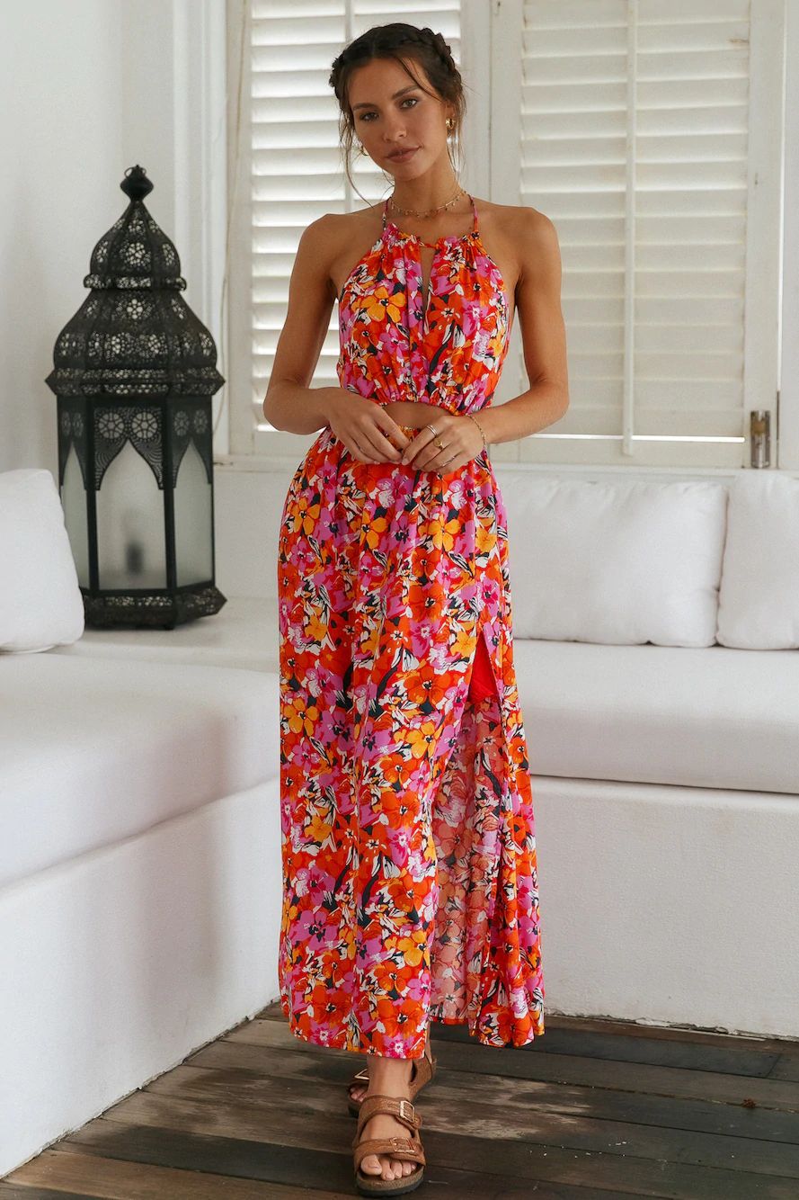 Red Floral Backless Midi Dress