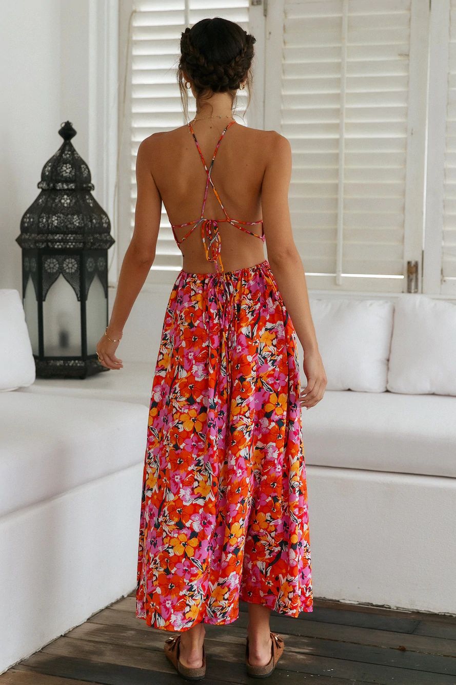 Red Floral Backless Midi Dress