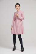Pink Wool Short Dress - Front Pearl Buckle, Long Sleeves 2240