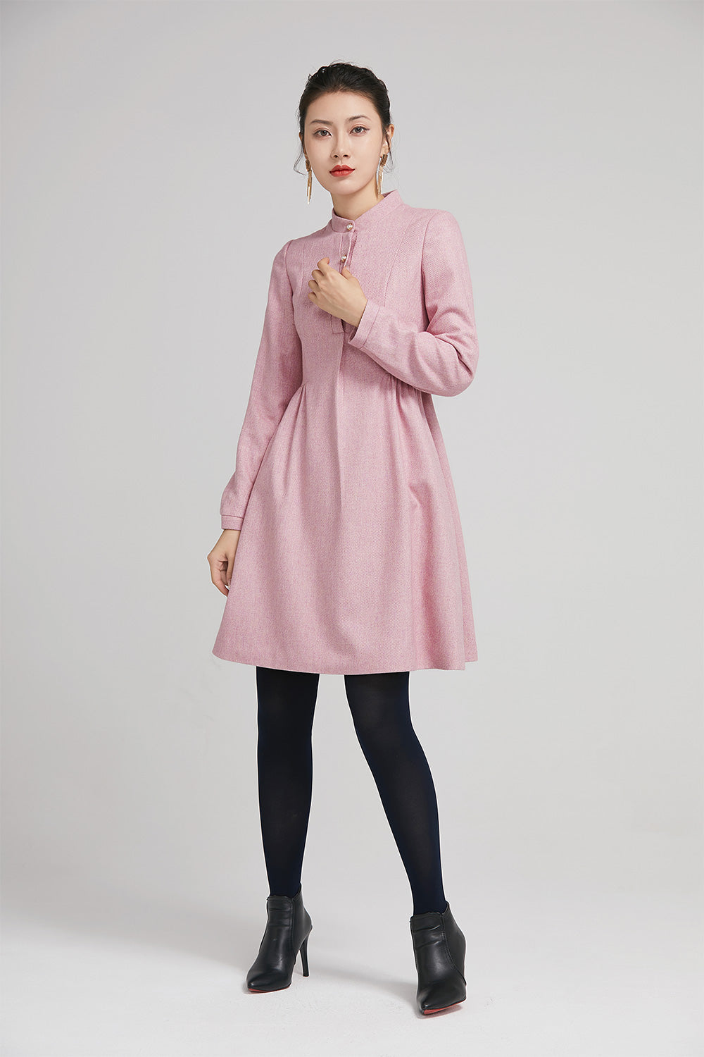 Pink Wool Short Dress - Front Pearl Buckle, Long Sleeves 2240