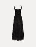 Black Foxglove Guipure Cocktail Dress featuring a fitted bodice with structured cups, lace straps, and a sheer lace overlay skirt.
