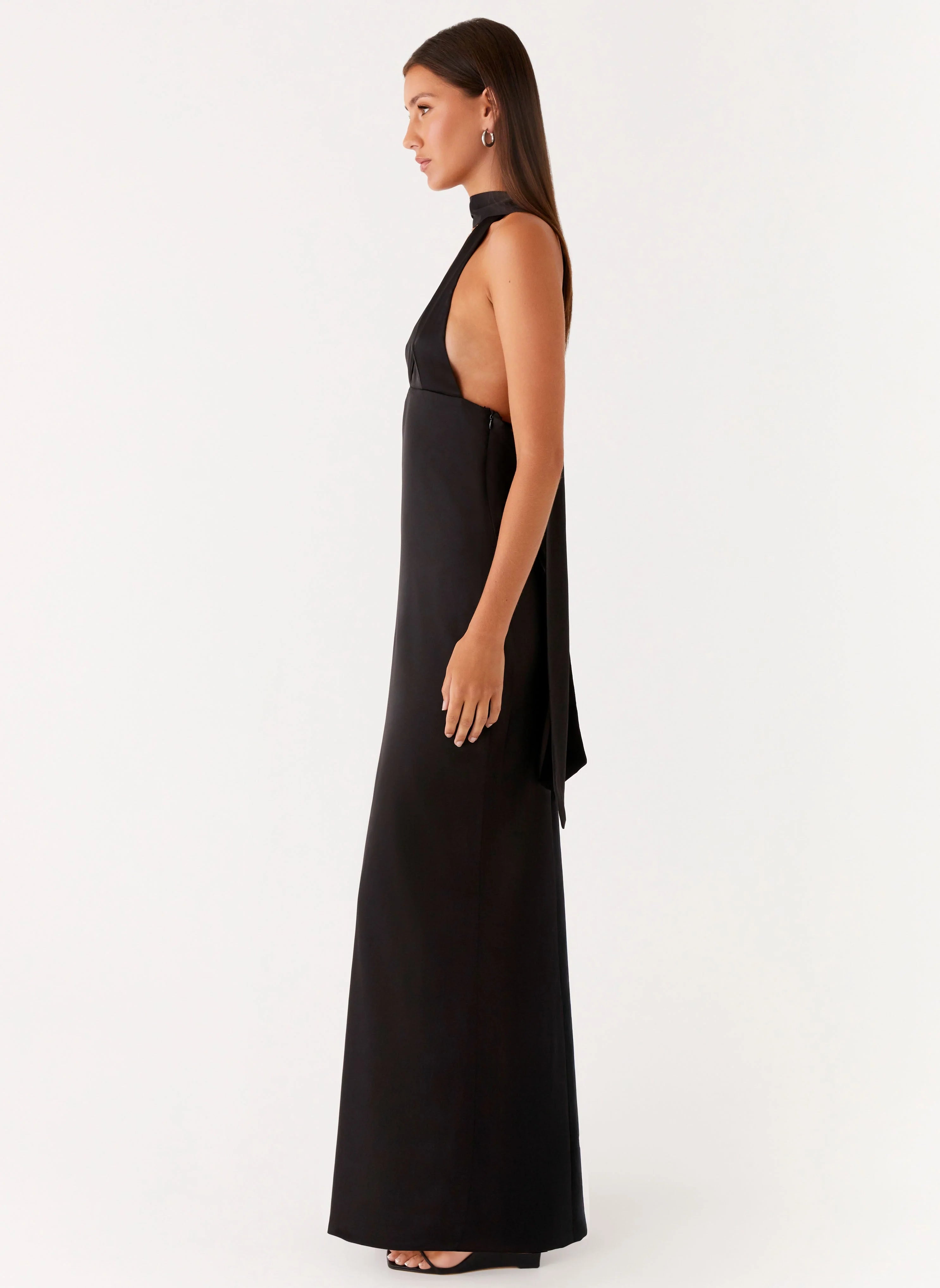 Alicia Satin Halter Maxi Dress - Black