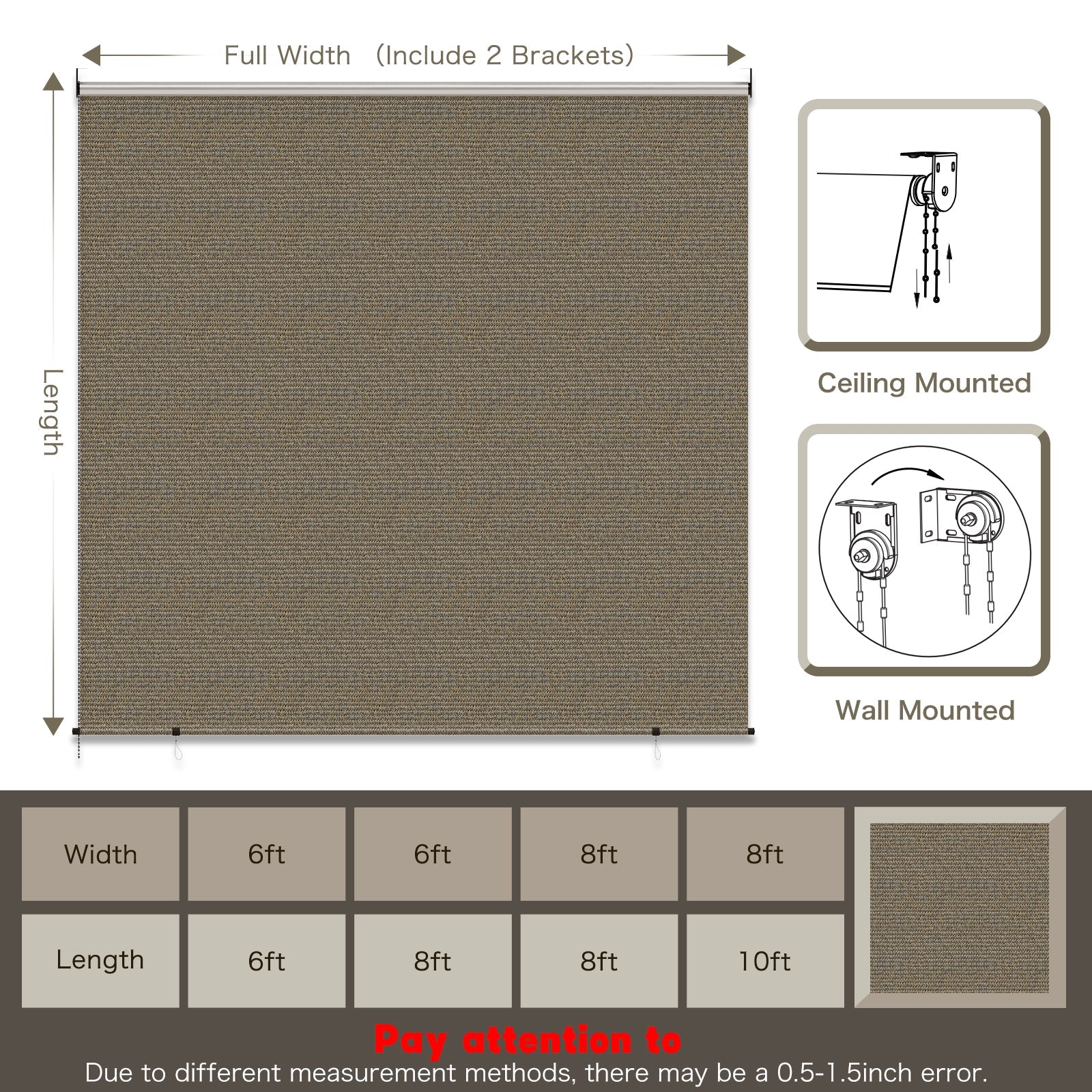 YODOLLA Outdoor Roller Shade, 6"(W) x6(H) Sun Shade Cover Canopy with 99% UV Protection, 220GSM HDPE Exterior Cordless Roll Up Shade Blinds Privacy Screen for Patio, Pergola, Gazebo, Mocha