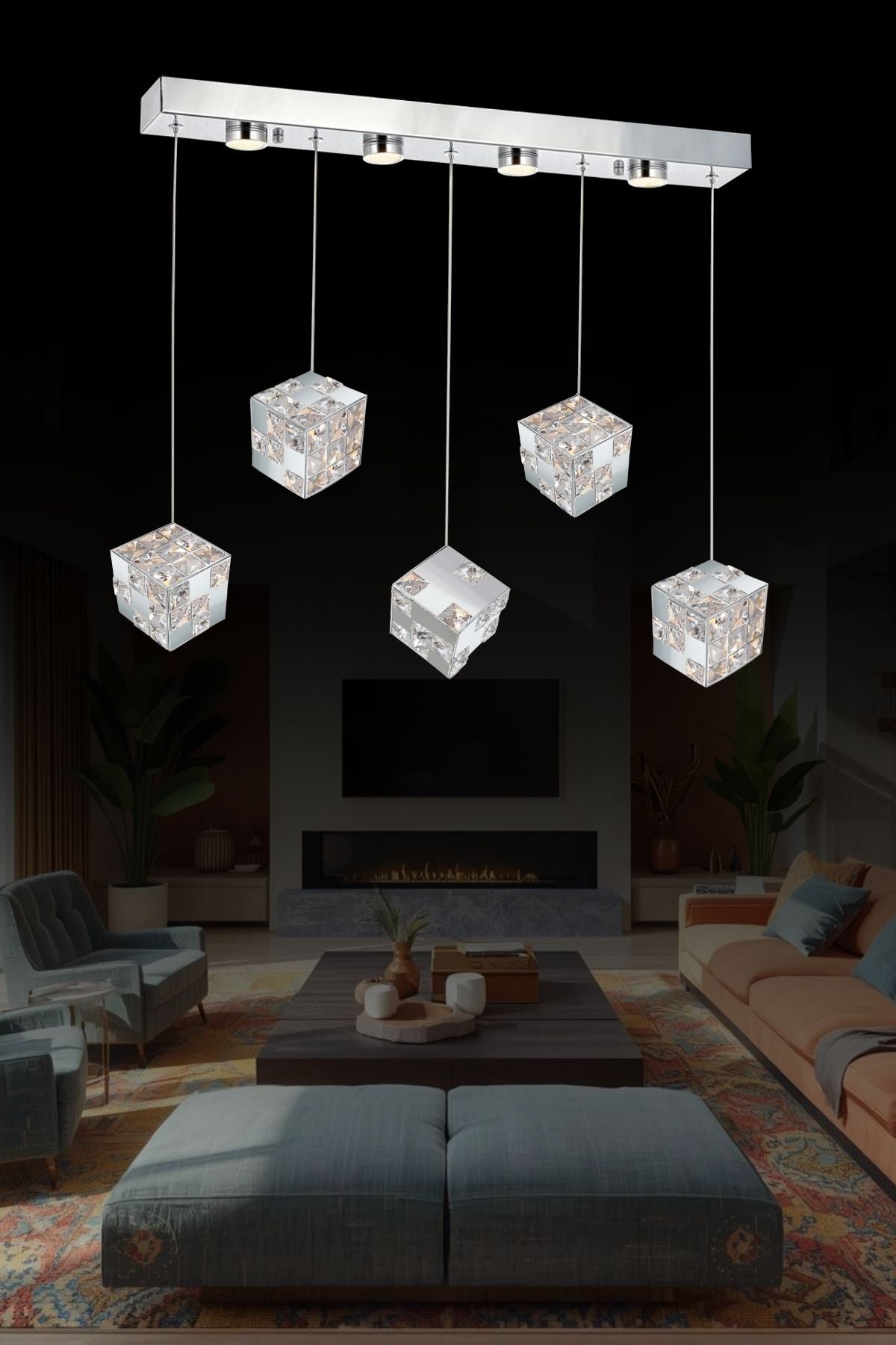 Venox Modern 5'li Sıralı Küp Formlu Kristal Taşlı Spotlu 70 cm Led Yemek Masası Avizesi VNX-5S70-W70