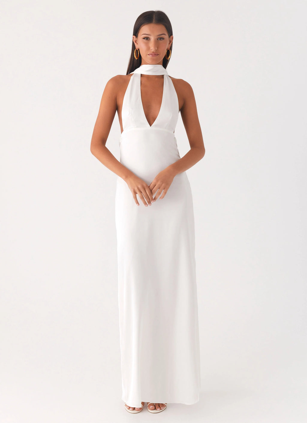 Alicia Satin Halter Maxi Dress - White