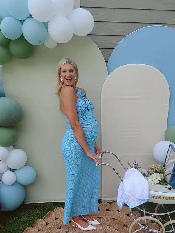 Momyknows Crochet Hollow Out 3D Flowes Cut Out Halter Neck Cami Bodycon Elegant Baby Moon Beach Maternity Photoshoot Baby Shower Maxi Dress - Blue - 1