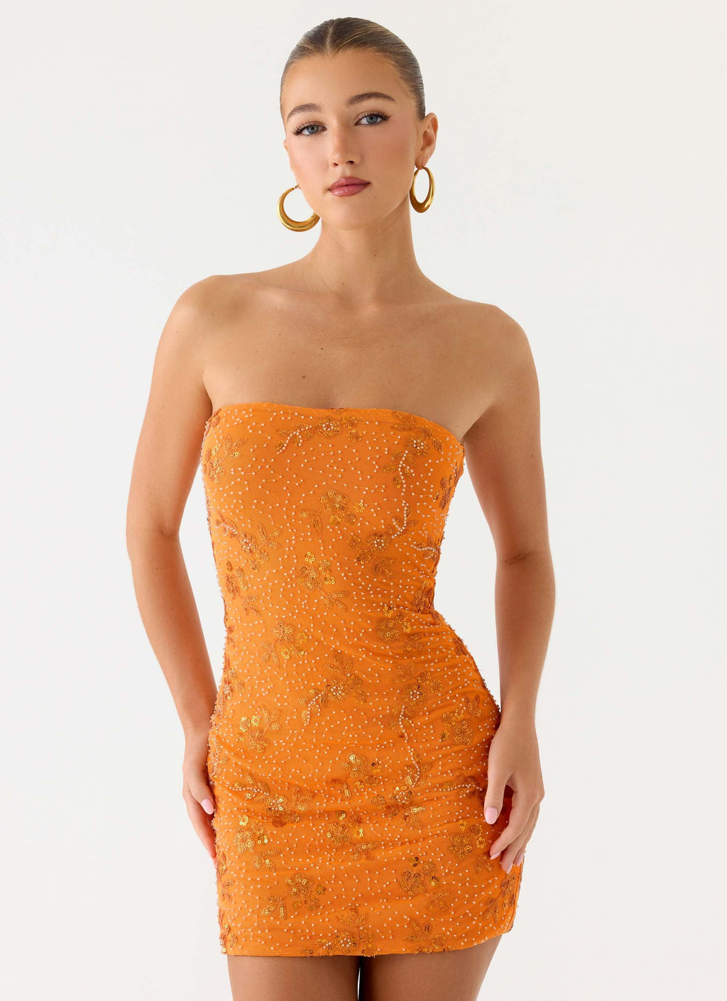 Push Back Beaded Sequin Mini Dress - Orange