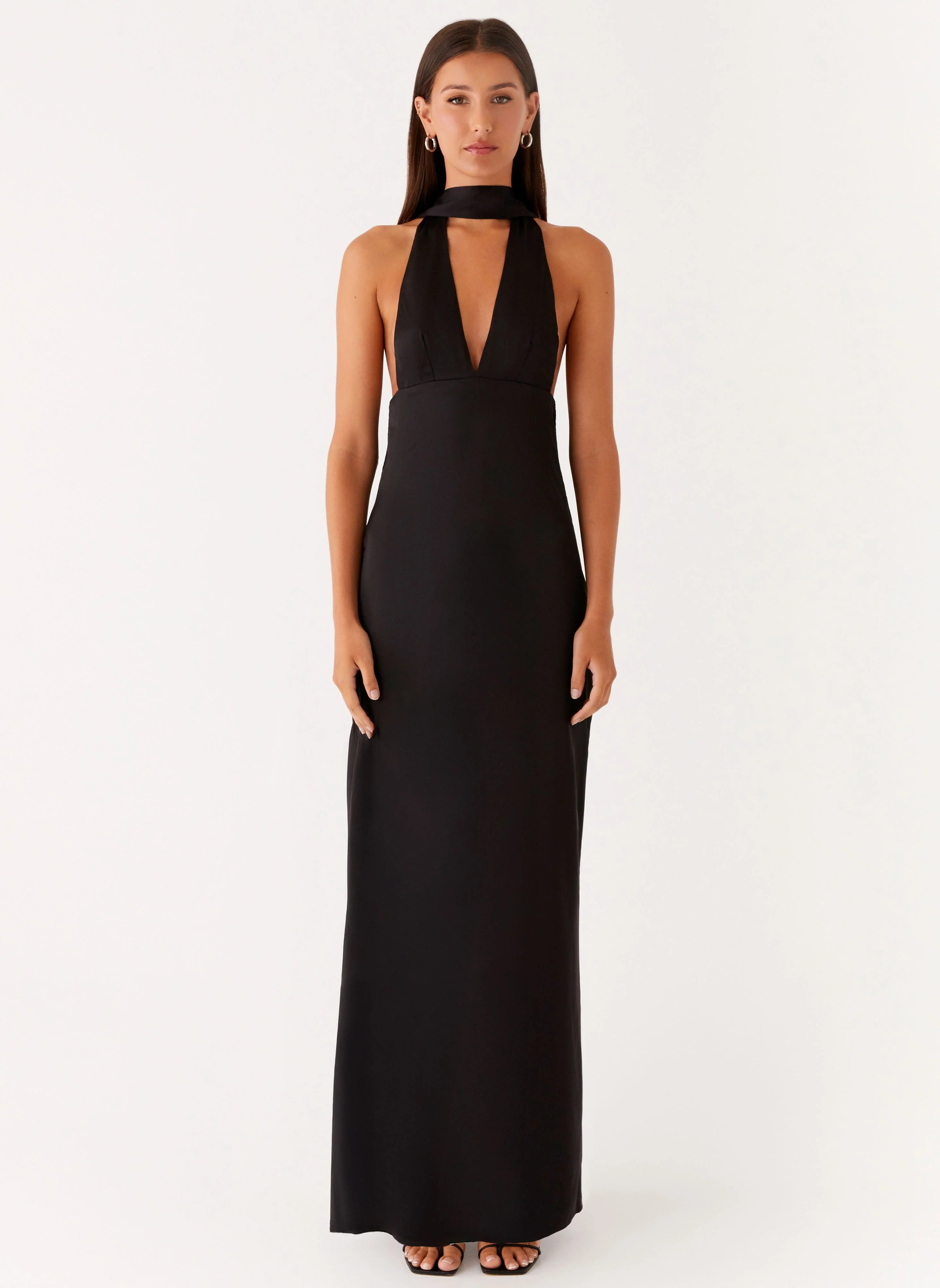 Alicia Satin Halter Maxi Dress - Black