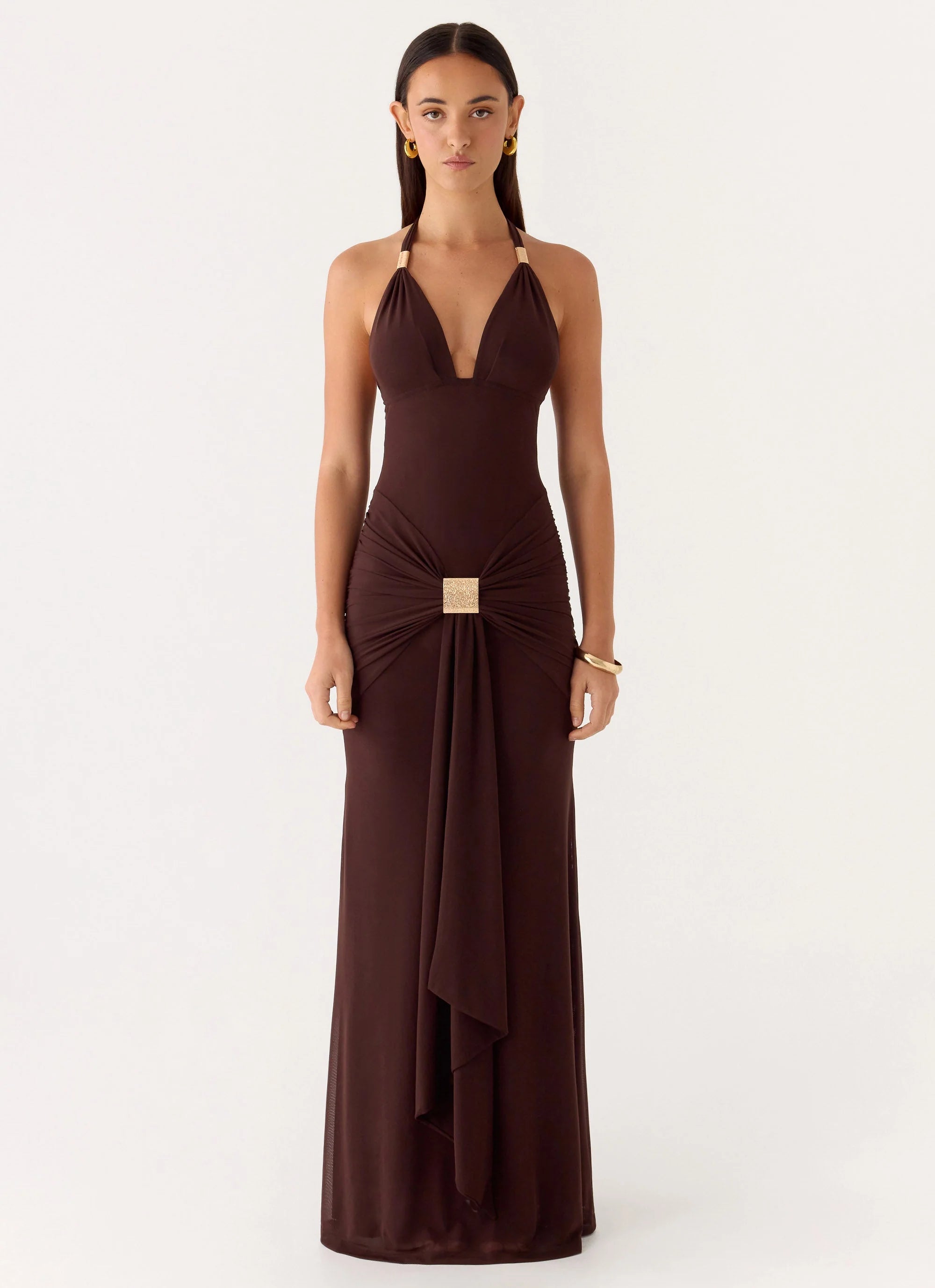Miyah Halter Hardware Maxi Dress - Chocolate