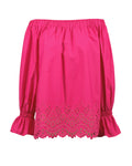 Blusa boxy fit con scollo a barchetta in cotone elasticizzato fucsia con ricamo in San Gallo