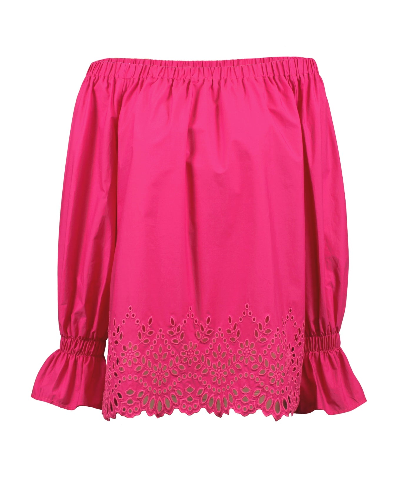 Blusa boxy fit con scollo a barchetta in cotone elasticizzato fucsia con ricamo in San Gallo