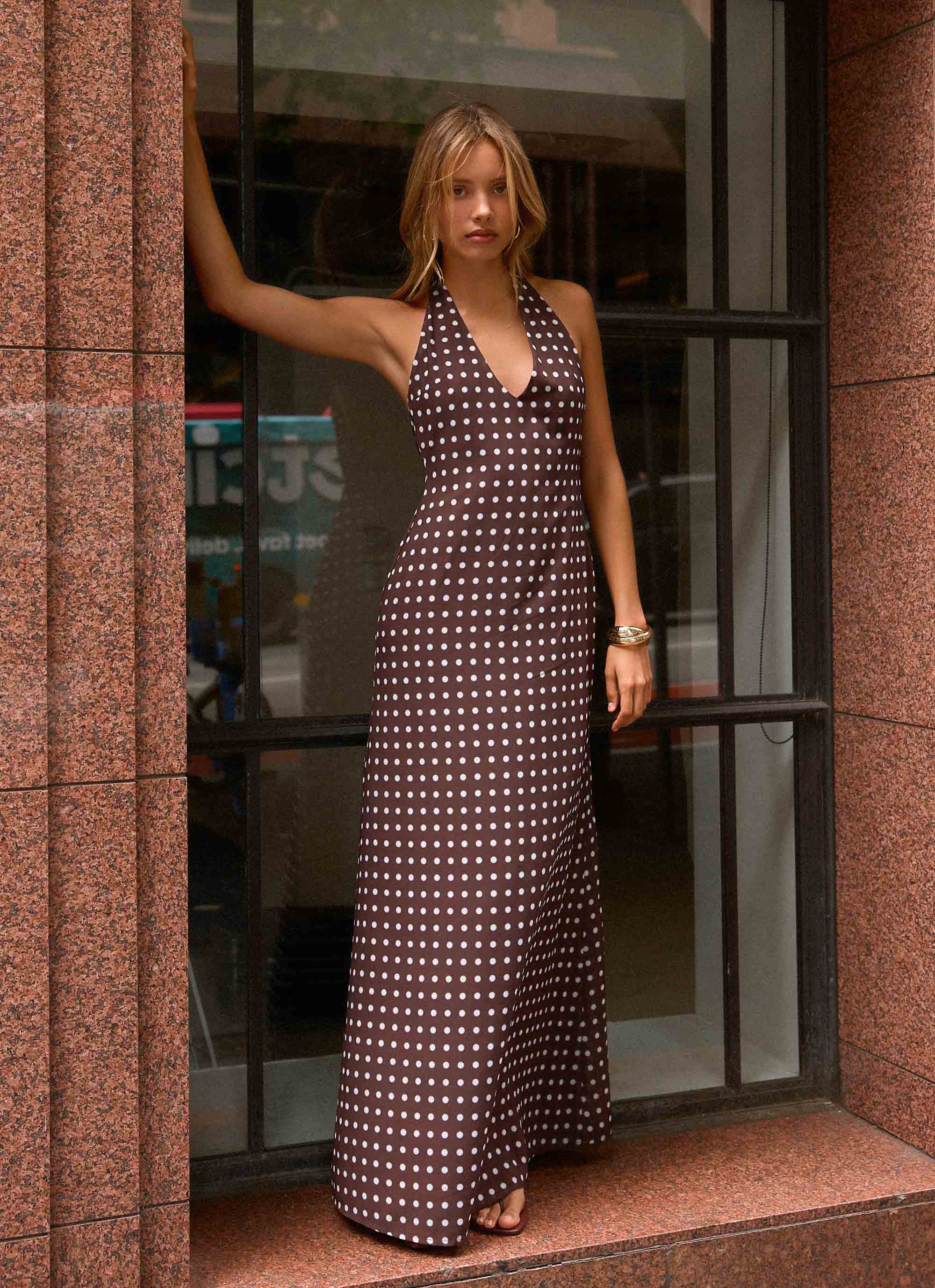 Float Away Maxi Dress - Chocolate Blue Dot