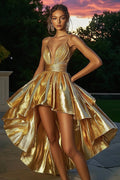 Sparkly Gold Metallic High-Low Cocktail Dress Ruched Spaghetti Straps A Line Homecoming Dress