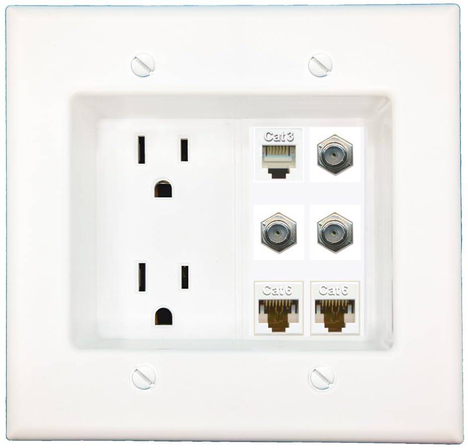 RiteAV Recessed Duplex Receptacle Outlet 2 CAT6 3 COAX PHONE Wall Plate White