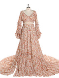 Elegant Cotton Floral Print Woman Maxi Dress Boho Beach 2 Pieces Gown Fancy Photography Props YD211008