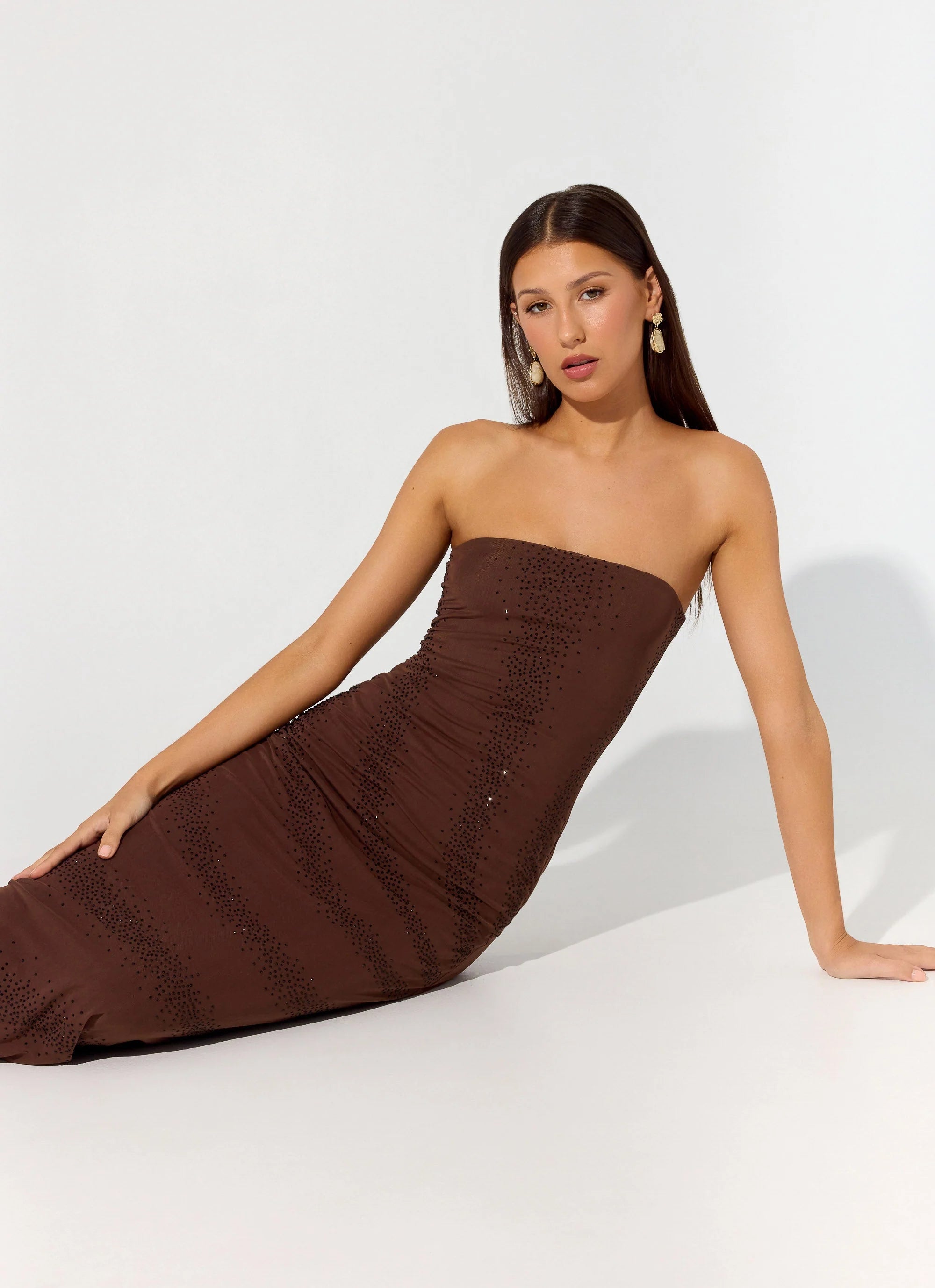Belisse Beaded Mesh Maxi Dress - Chocolate