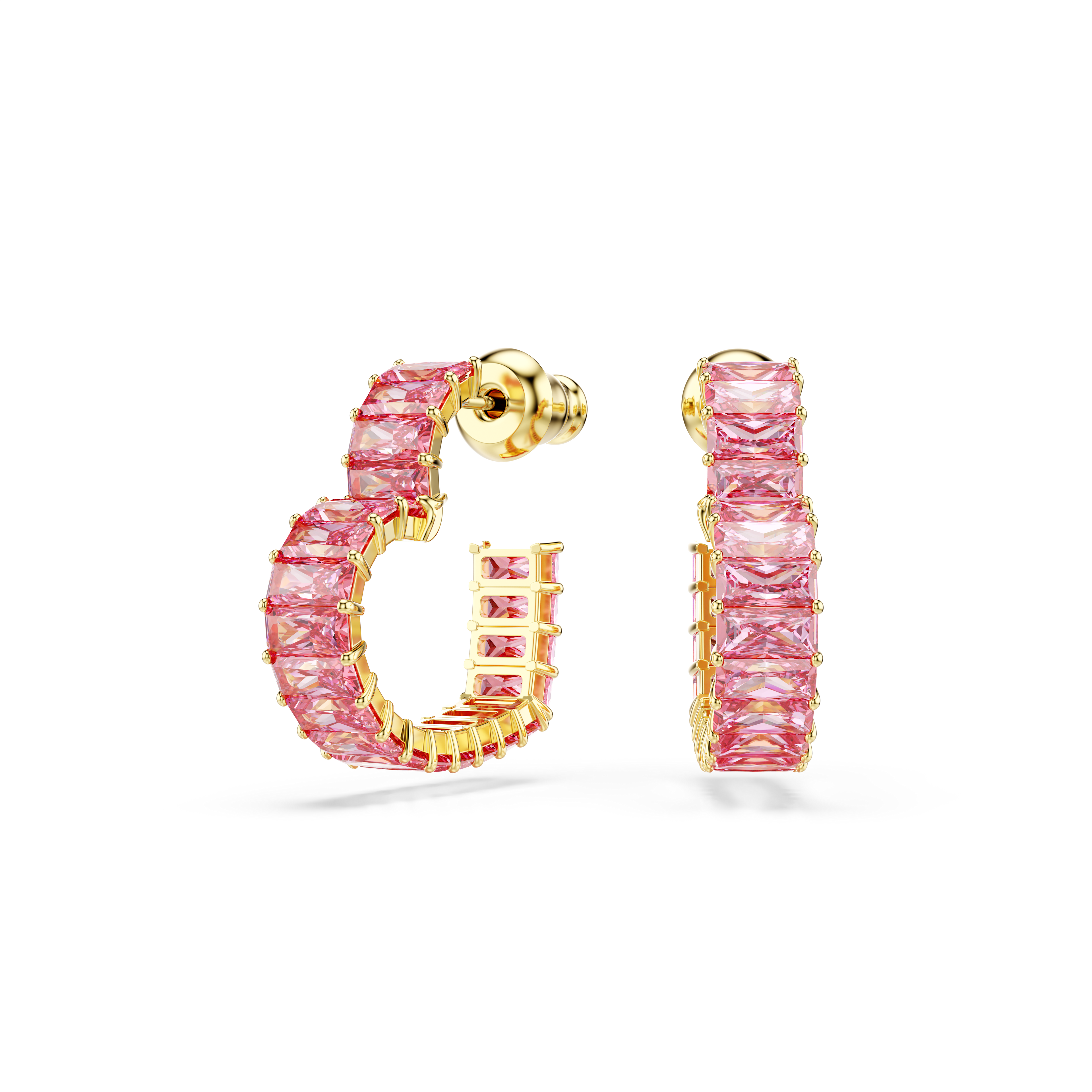 Swarovski Matrix hoop earrings, Baguette cut, Heart, Small, Pink, Gold-tone plated 5720883