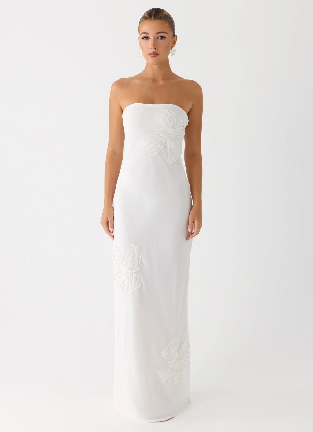 Sassafras Beaded Flower Strapless Maxi Dress - White