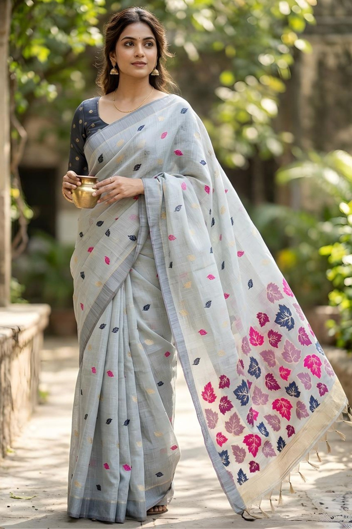 Frost Grey Woven Linen Saree