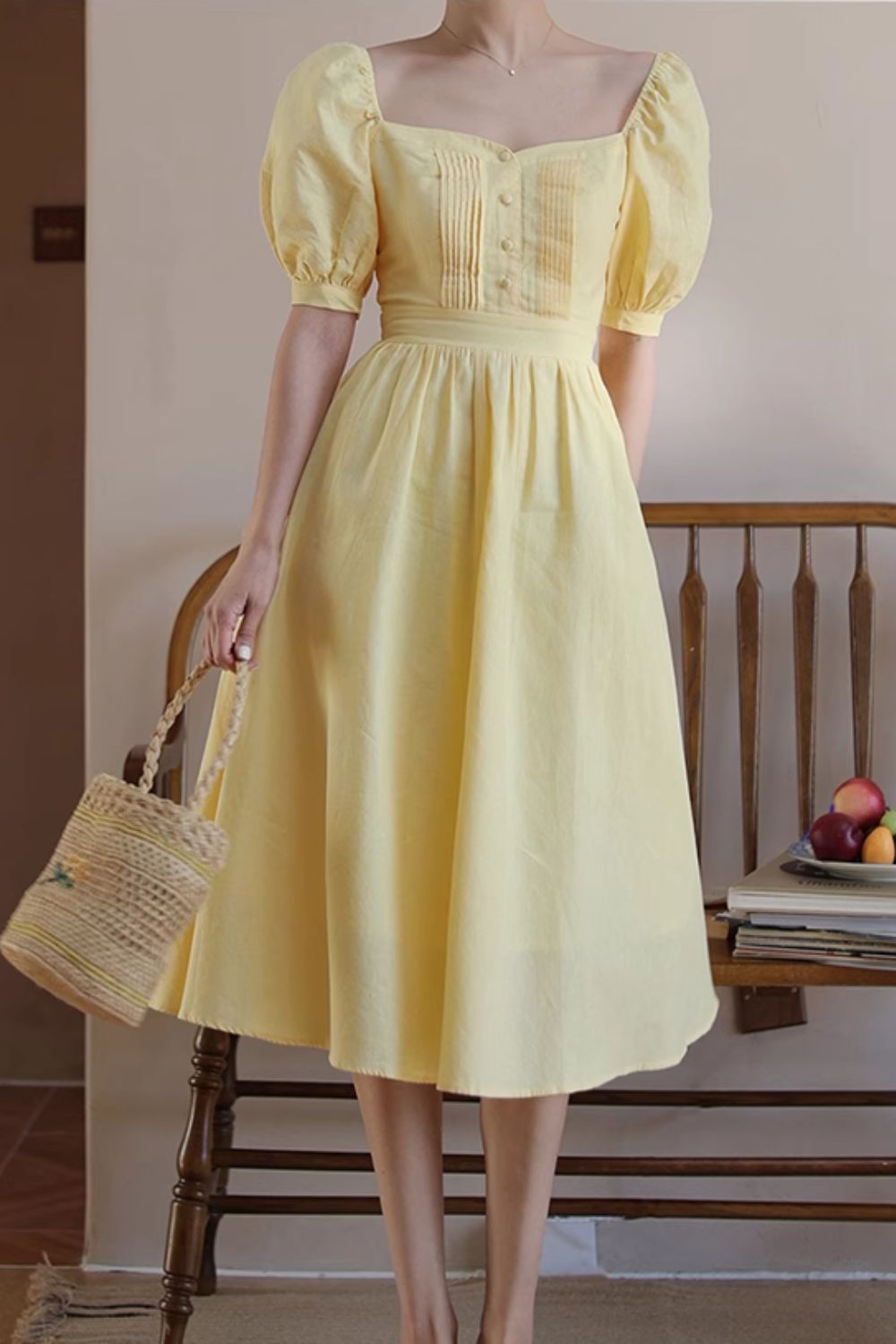 Yellow Linen Midi Dress - Puff Sleeve, Fitted Waist 4840