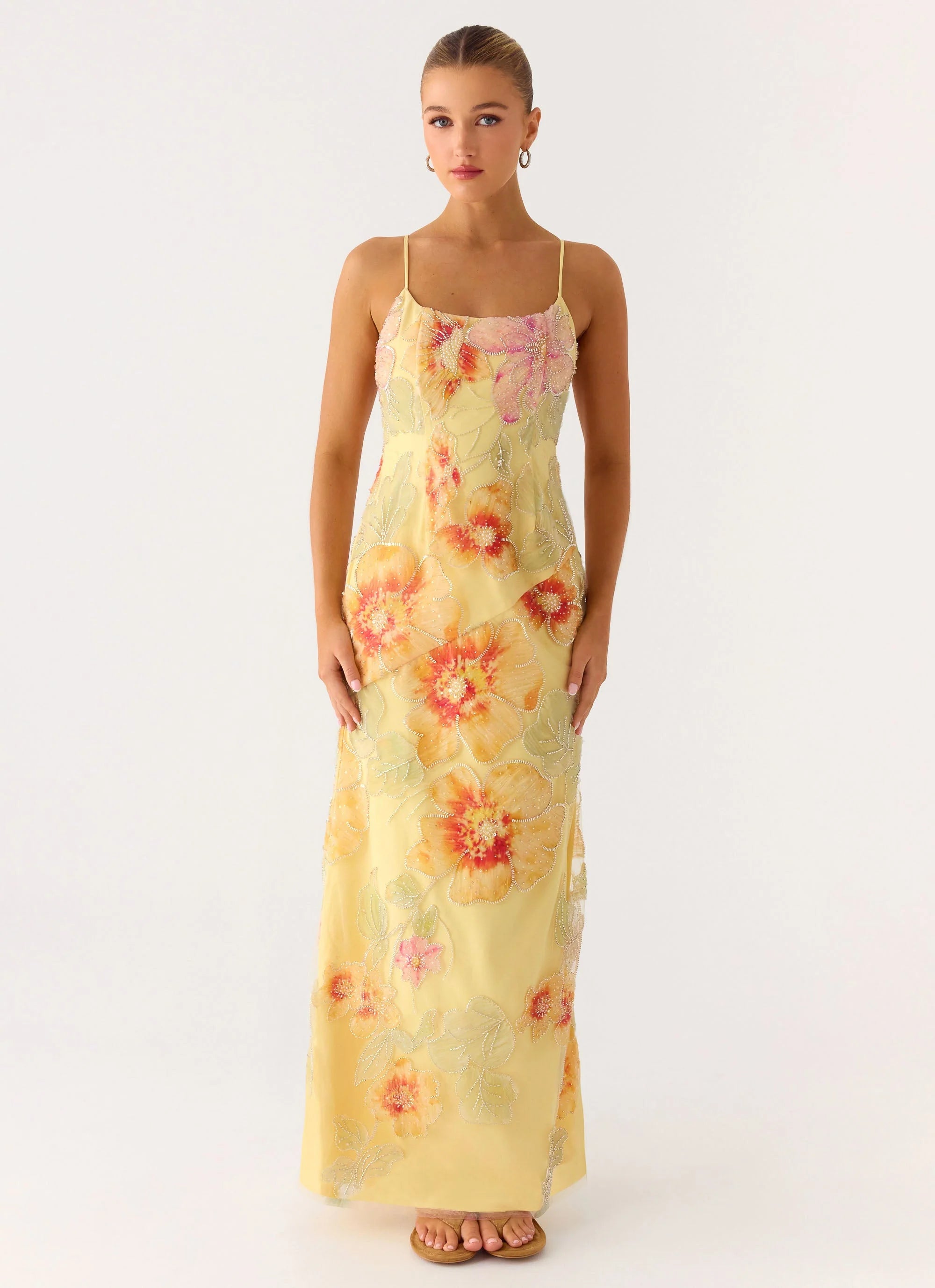 Morning Light Beaded Maxi Dress - Yellow Floral Beaded