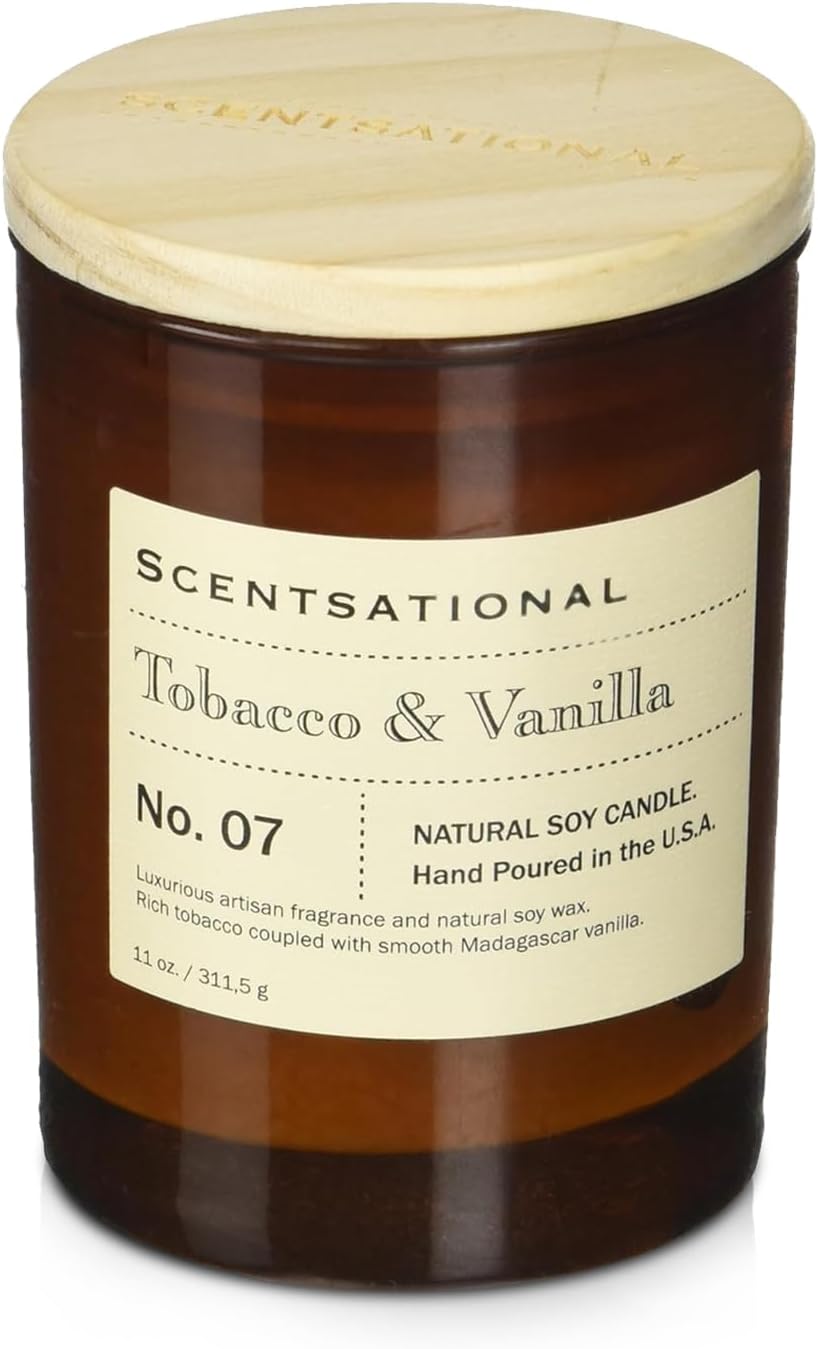 Scentsational Apothecary Tobacco & Vanilla Candle – 11 Oz Hand-Poured Soy Wax Jar Candle – Non-Toxic Luxury Candles for Home Décor & Relaxation – Warm Vanilla & Tobacco Scented Candles