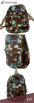 Jansport Brown Turquoise Polka Dot Nylon Backpack Front Pocket School  Supplies