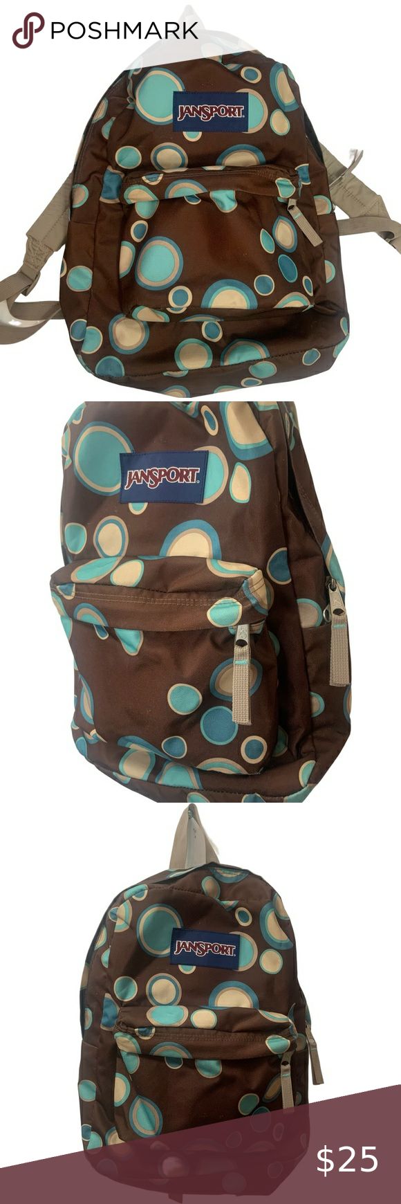 Jansport Brown Turquoise Polka Dot Nylon Backpack Front Pocket School  Supplies