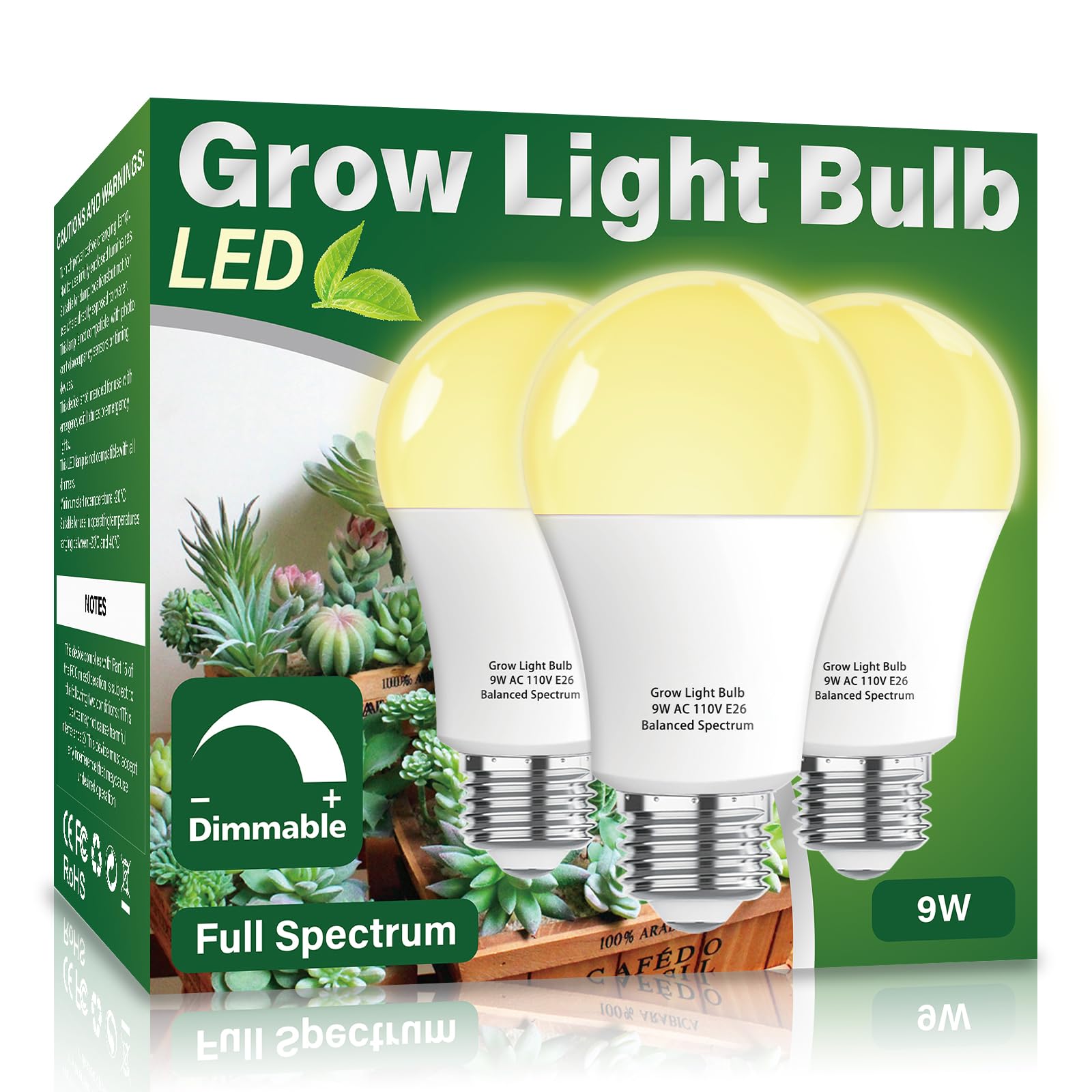 Wiyifada 3 Pack Full Spectrum Grow Light Bulbs, E26 9W Replace 100W, Indoor Plant Lighting