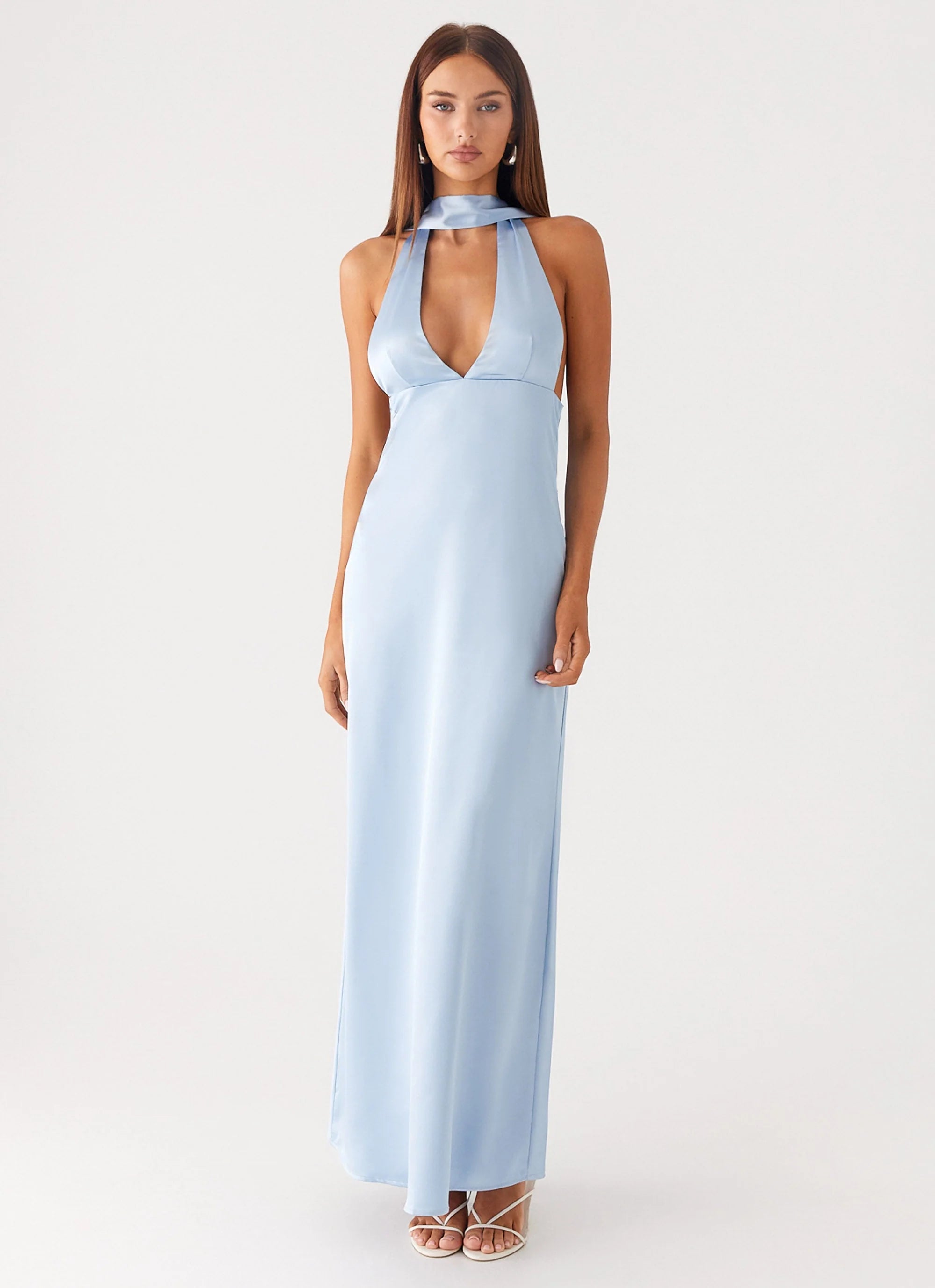 Alicia Satin Halter Maxi Dress - Baby Blue