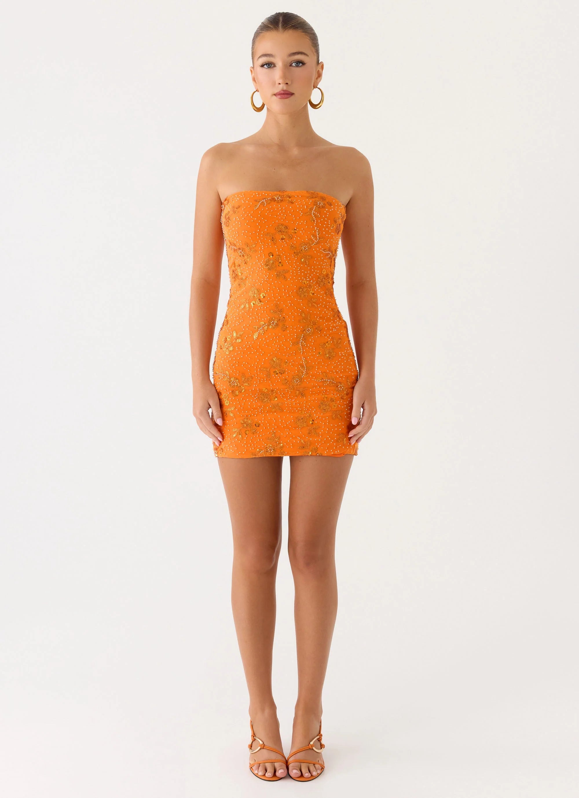 Push Back Beaded Sequin Mini Dress - Orange
