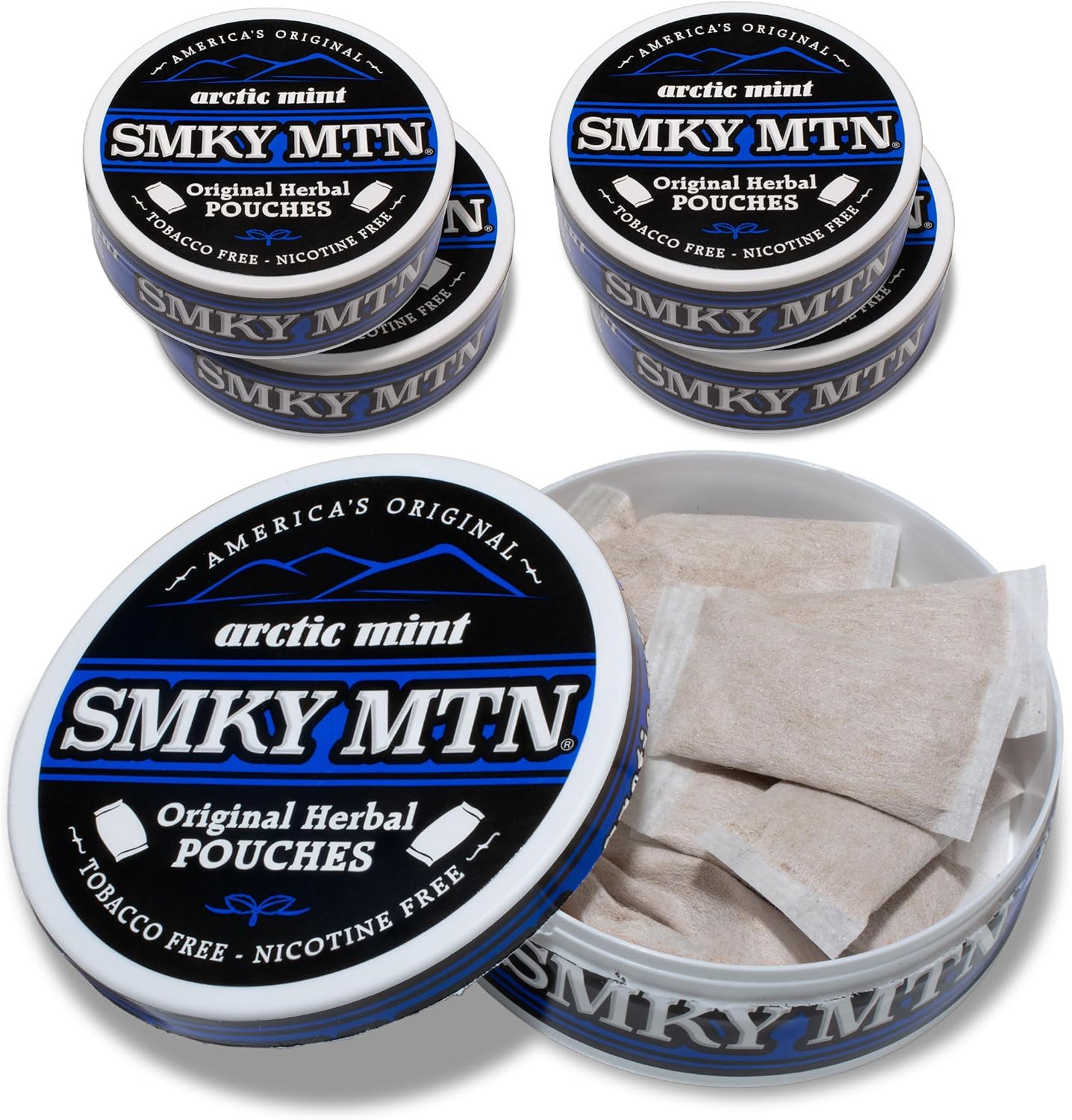 Smokey Mountain Original Herbal Pouches - Arctic Mint - Tobacco Free and Nicotine Free - 5 Can Box - 15 Per Can