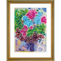 Ein farbenfrohes Gemälde eines Blumenstraußes in einer Vase mit rosa, blauen und grünen Farbtönen in einem goldenen Rahmen.