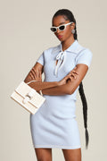 Contrast stitch polo knit ice blue mini dress with a tie-front neckline and short sleeves - Shop women's designer mini dresses by Avec Les Filles