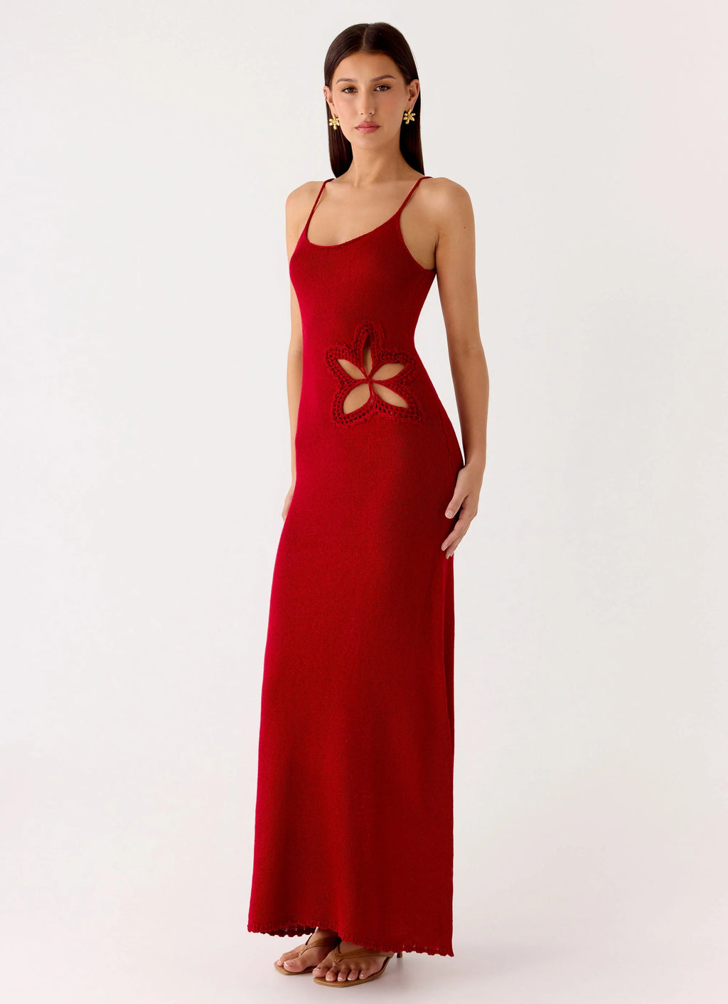 Palm Breeze Flower Crochet Maxi Dress - Burnt Red