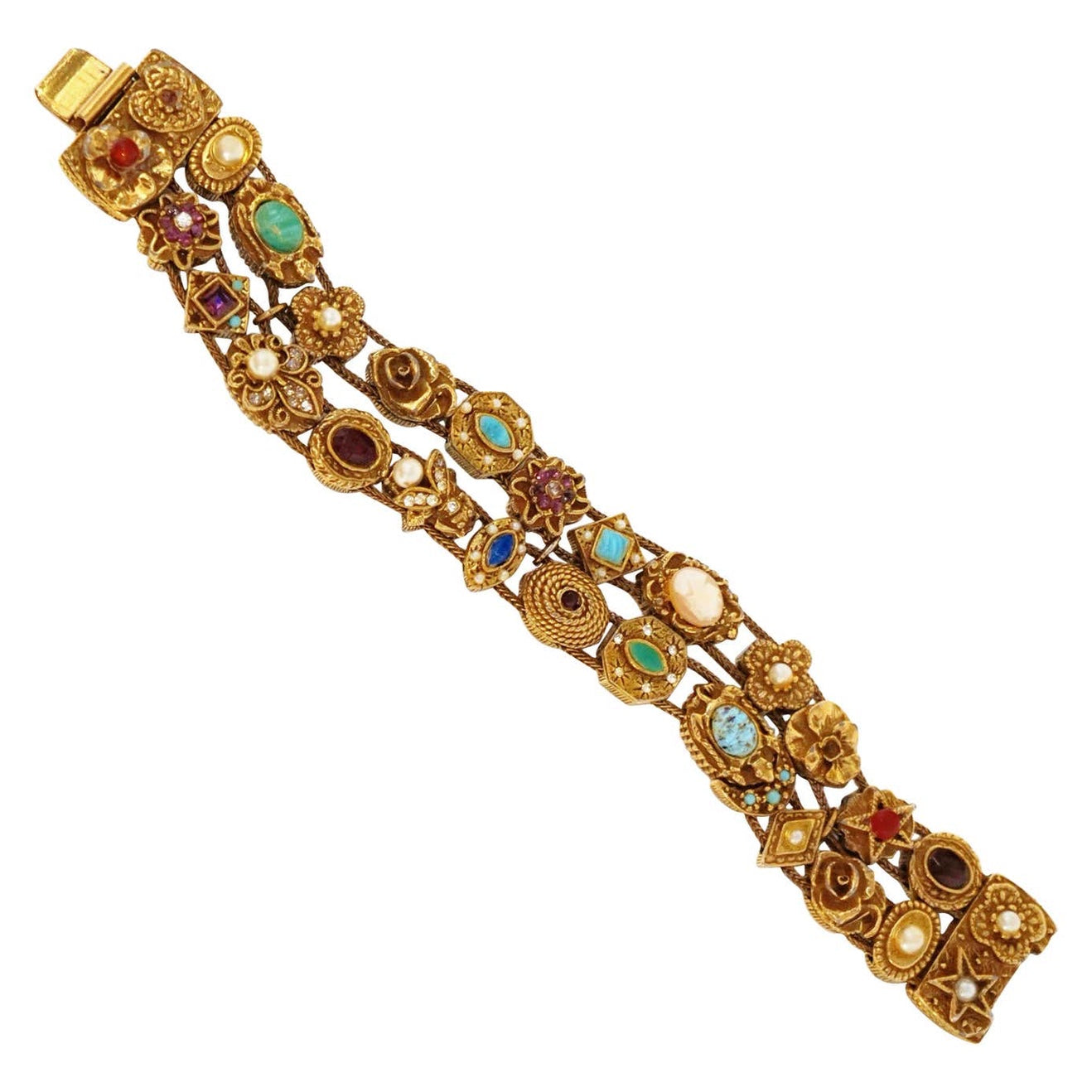 Victorian Revival Double Row Slider Charm Bracelet By Goldette, 1960s