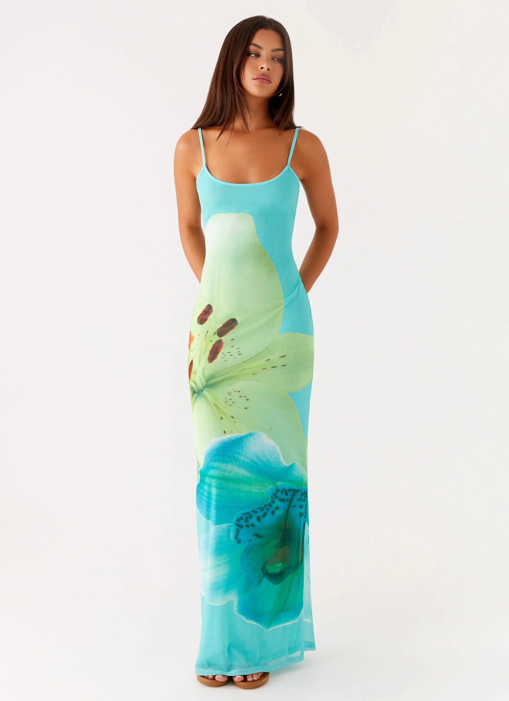 Bad News Mesh Maxi Dress - Turquoise Floral