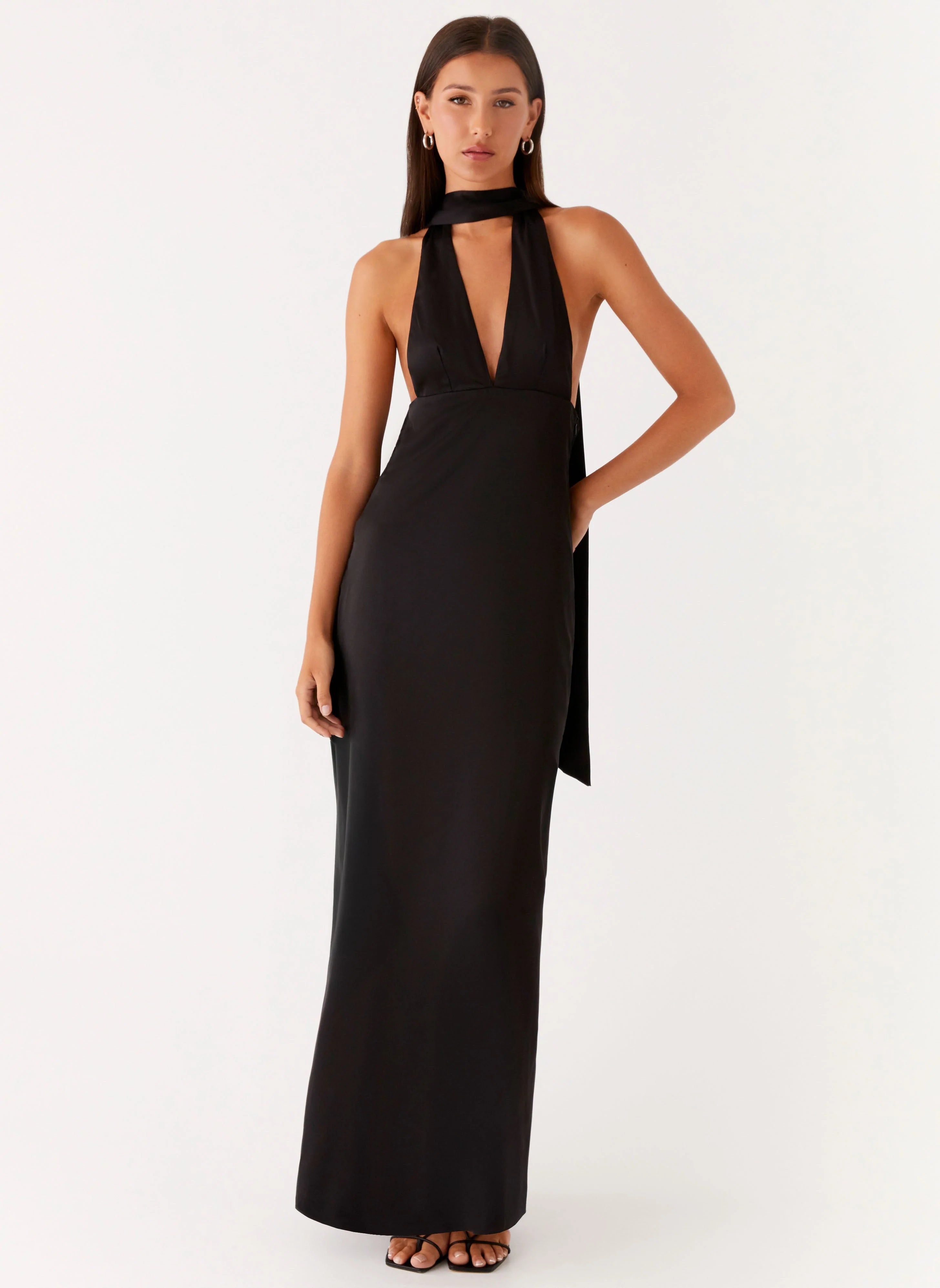 Alicia Satin Halter Maxi Dress - Black
