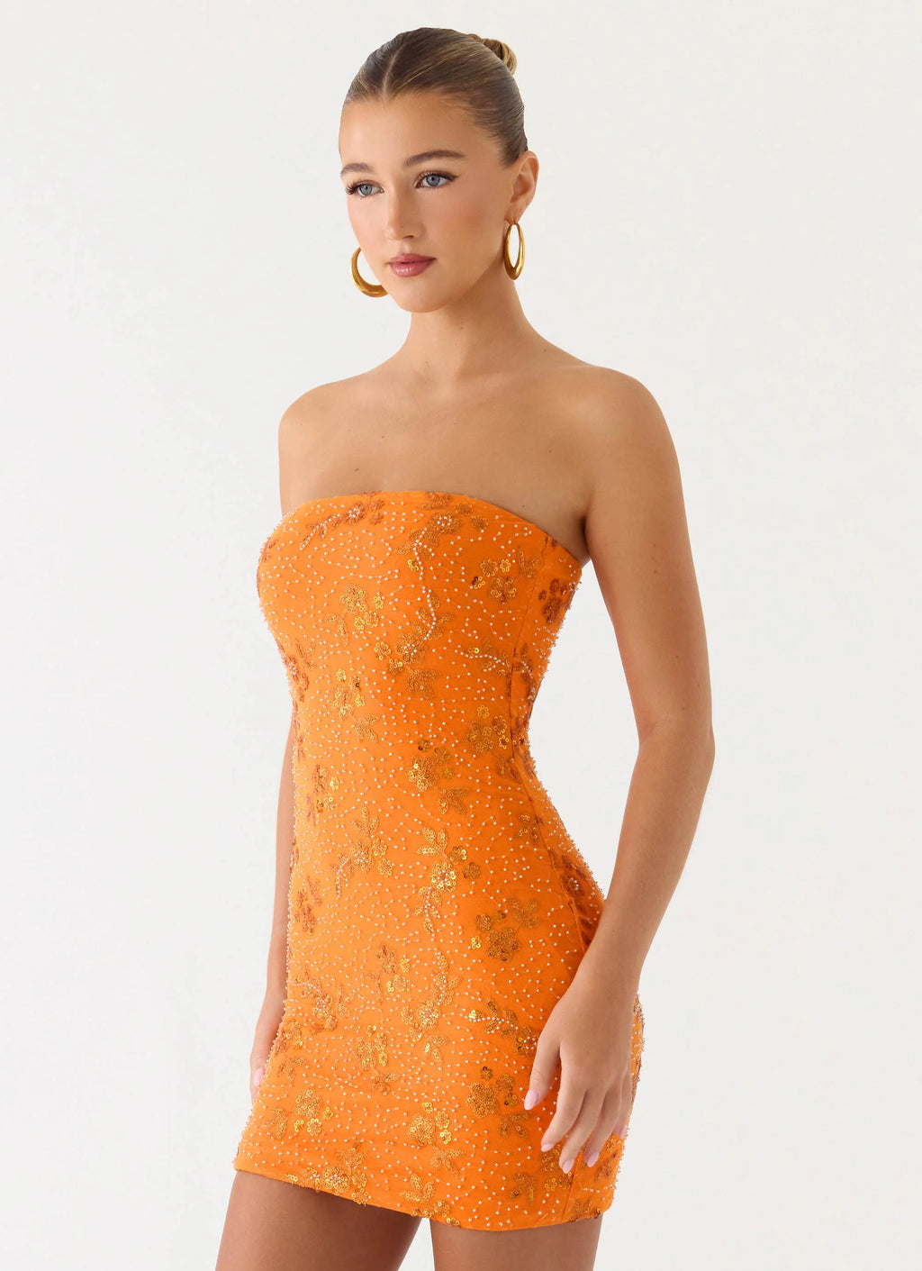 Push Back Beaded Sequin Mini Dress - Orange
