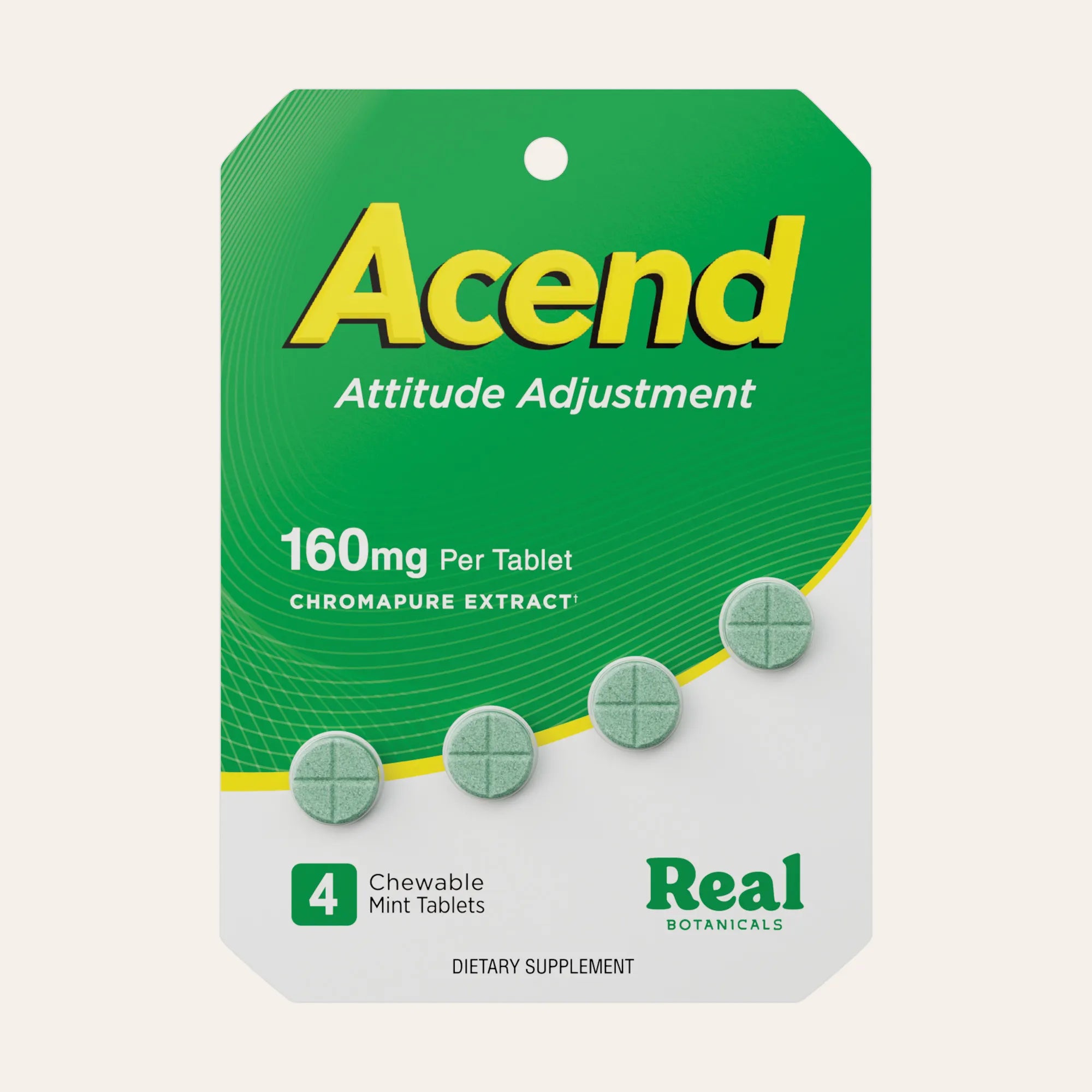 Packaging of Acend dietary supplement with green and yellow design#160mg_4ct