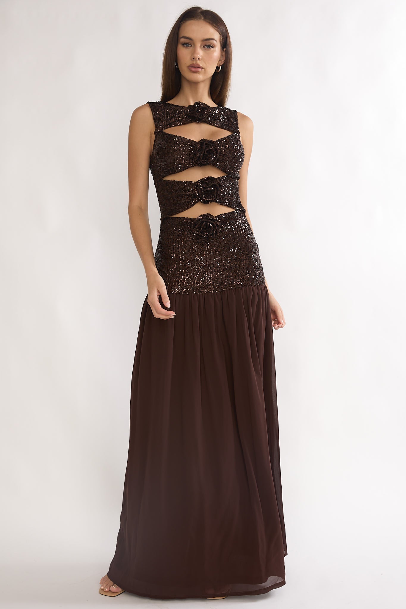 Dioris Rosette Cut-Out Sequin Maxi Dress Sequin Choco by Selfie Leslie