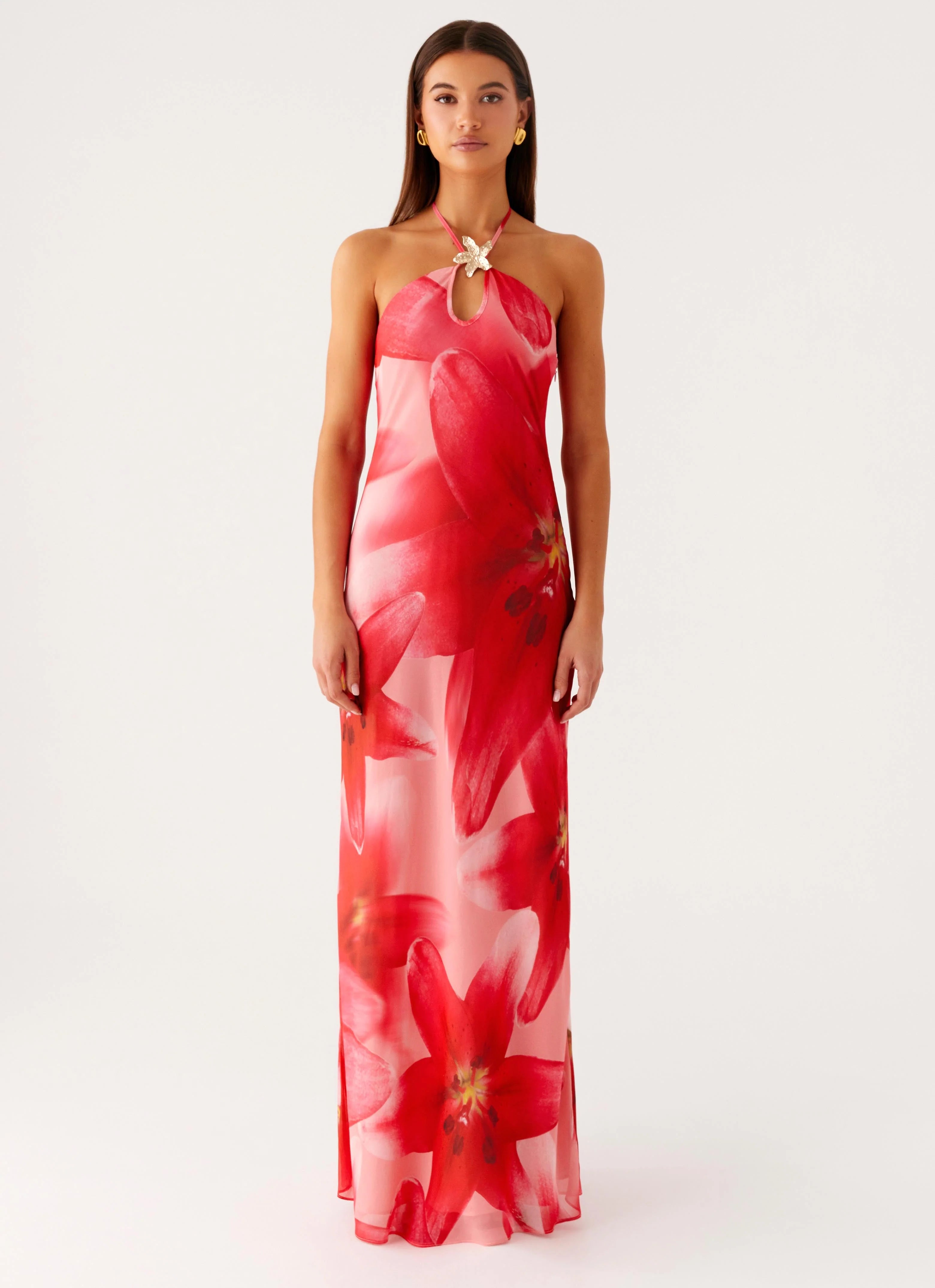 Vatiana Chiffon Maxi Dress - Peach Watermelon Flower