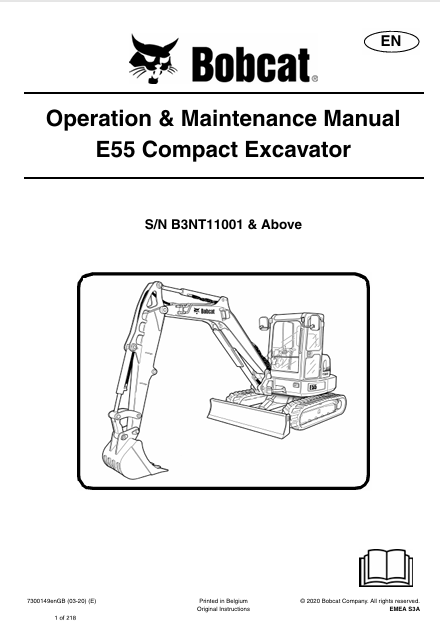 Bobcat E55 COMPACT EXCAVATOR Operation & Maintenance Manual 7300149 - PDF