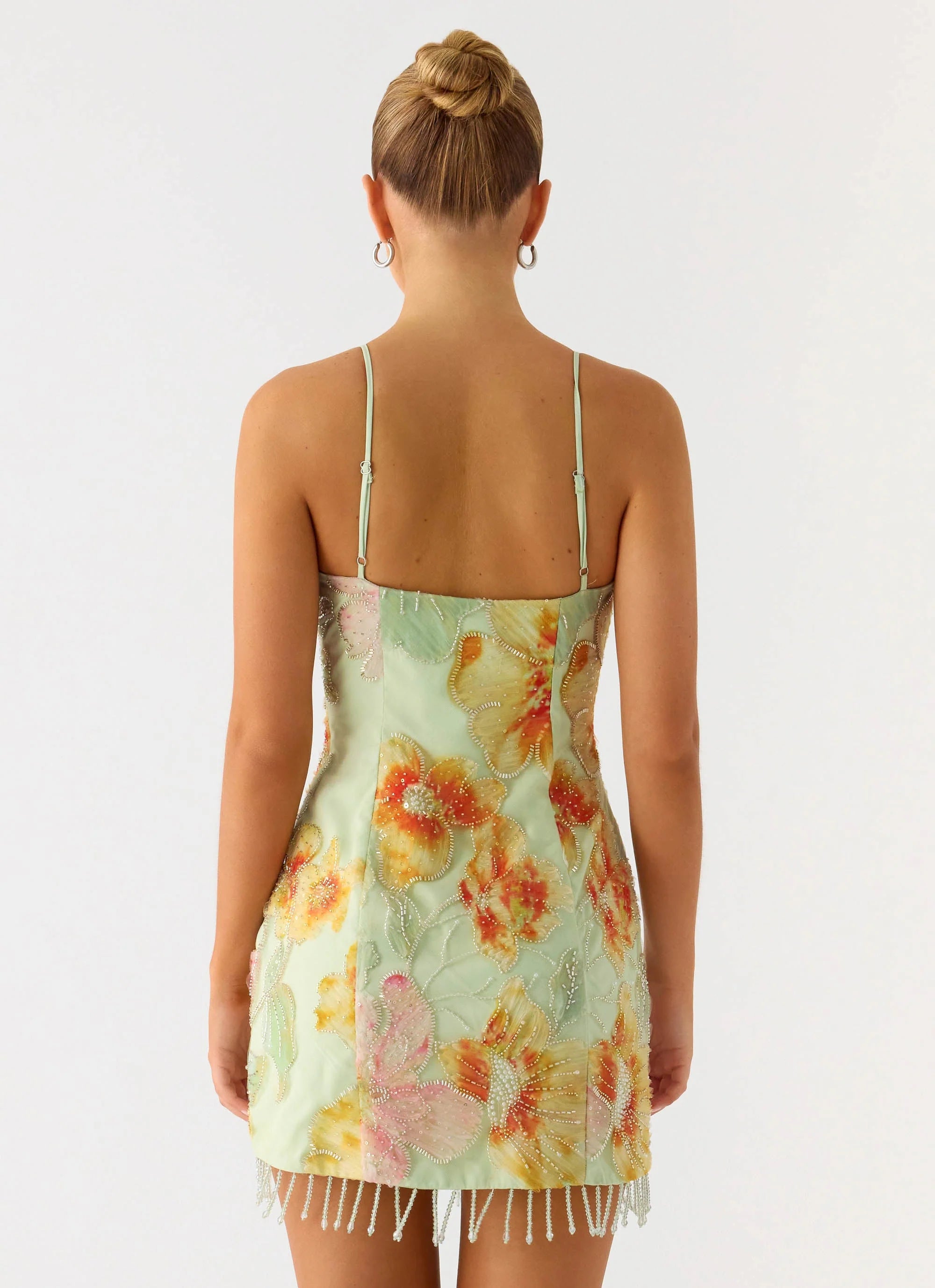 Gatiana Beaded Sequin Mini Dress - Green Floral Beaded