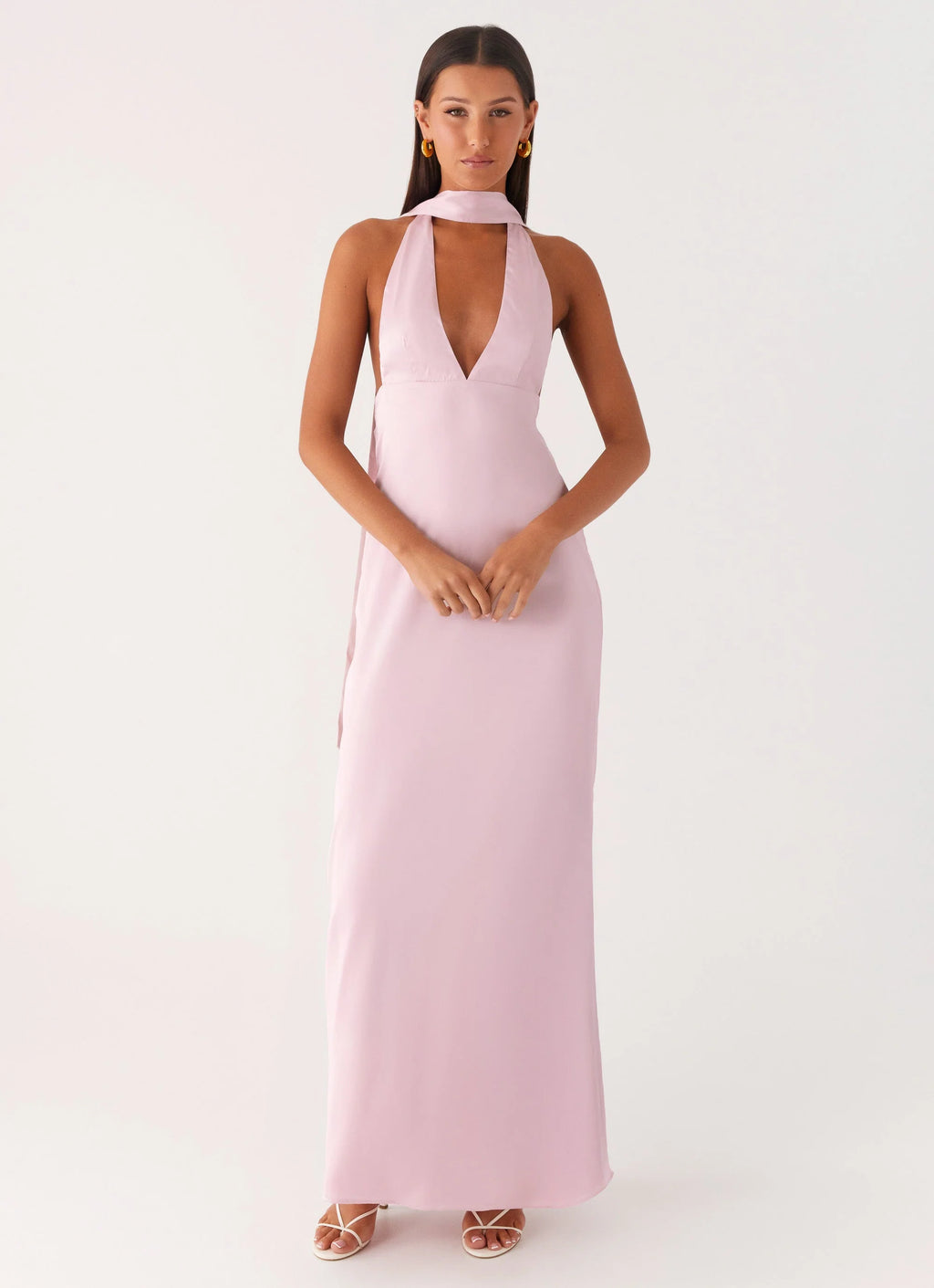 Alicia Satin Halter Maxi Dress - Baby Pink